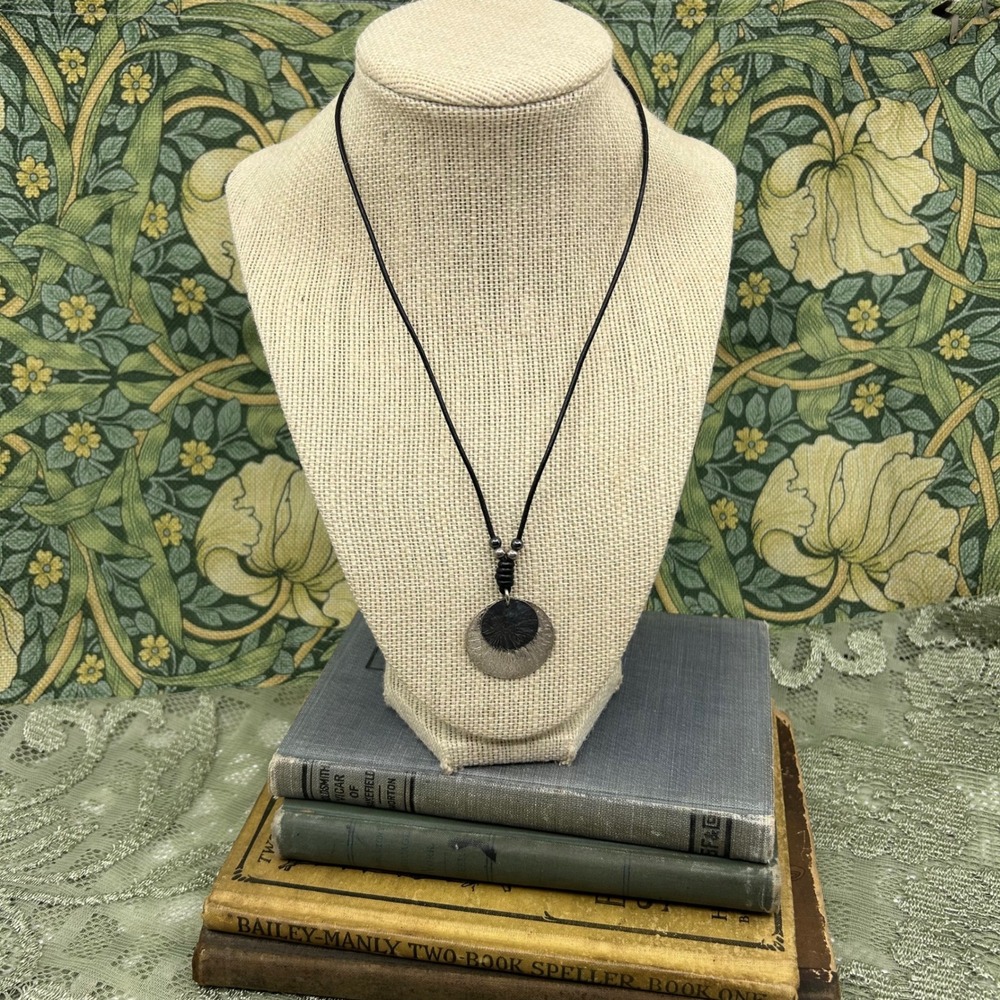 Retired Silpada Sterling Silver Double Disc Pendant Black Leather Cord Necklace